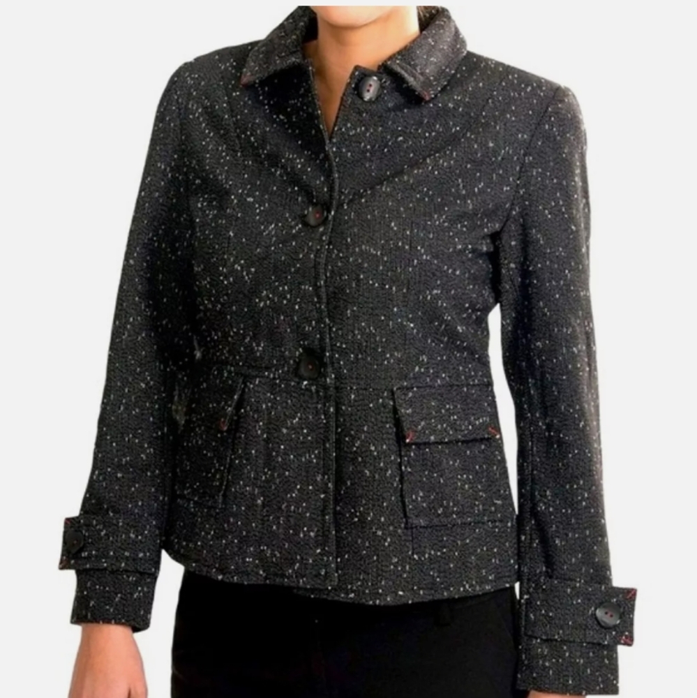 Mary McFadden Vintage Wool Blend Blk/White Speckled Tweed Textured Blazer Size14